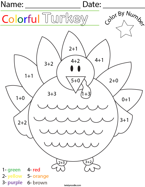 Addition- Color by Number Turkey Math Worksheet - Twisty Noodle